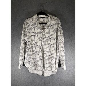 JANE DELANCY Womens XL Cheetah Print Button Up Shirt Long Sleeve Rayon White